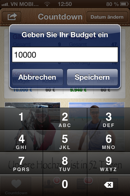 Hochzeitsplaner App Budget eingeben